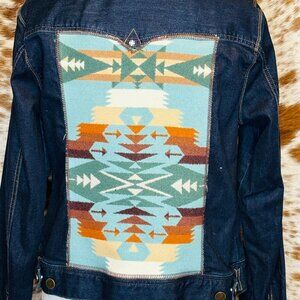 OOAK UpCycled Western Jean jacket w.Teal multicolor Aztec Pendleton Wool- L